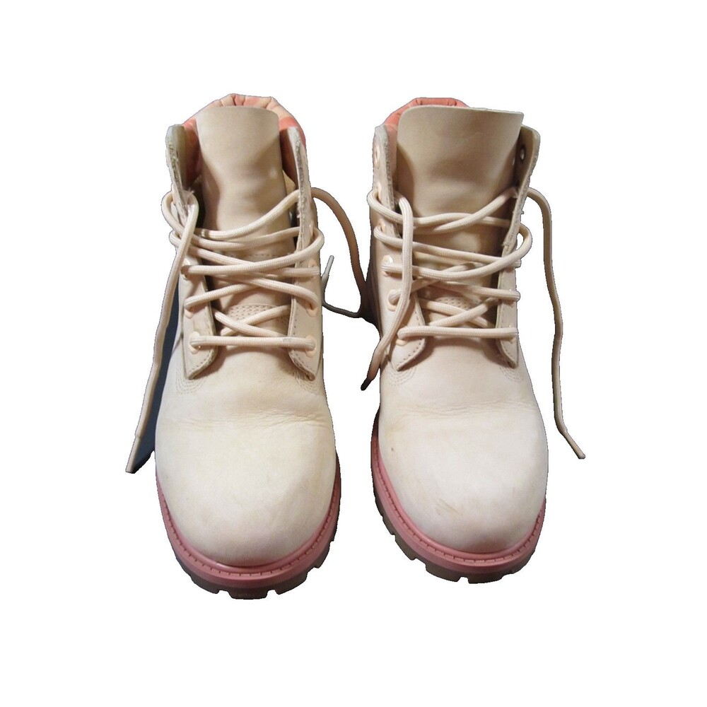 Timberland Kids Boots Size 4 Tan Leather Pink Orange Padded Collar - Picture 1 of 12